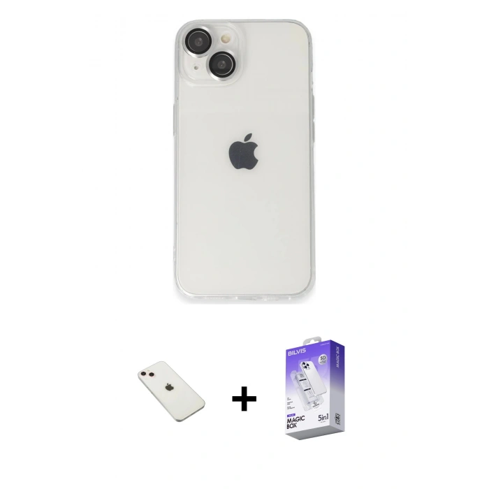 MARSİLYAN™- iPhone 14 Kılıf Ufuk Minimal Özel Seri - Siyah Bilvis 5in1 3D Magic Cam Ekran Koruyucu + Diamond Kamera Lens - PE