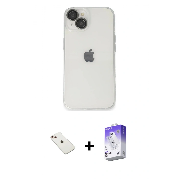 MARSİLYAN™- iPhone 14 Kılıf Ufuk Minimal Özel Seri - Siyah Bilvis 5in1 3D Magic Cam Ekran Koruyucu + Diamond Kamera Lens - KI