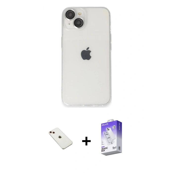 MARSİLYAN™- iPhone 14 Kılıf Ufuk Minimal Özel Seri - Siyah Bilvis 5in1 3D Magic Cam Ekran Koruyucu + Diamond Kamera Lens - KI