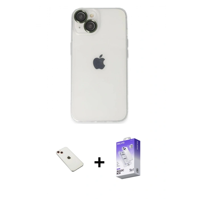 MARSİLYAN™- iPhone 14 Kılıf Ufuk Minimal Özel Seri - Siyah Bilvis 5in1 3D Magic Cam Ekran Koruyucu + Diamond Kamera Lens - KI