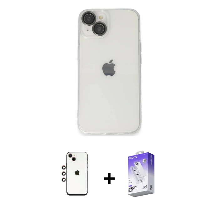 MARSİLYAN™- iPhone 14 Kılıf Ufuk Minimal Özel Seri - Siyah Bilvis 5in1 3D Magic Cam Ekran Koruyucu + Shine Kamera Lens - GI