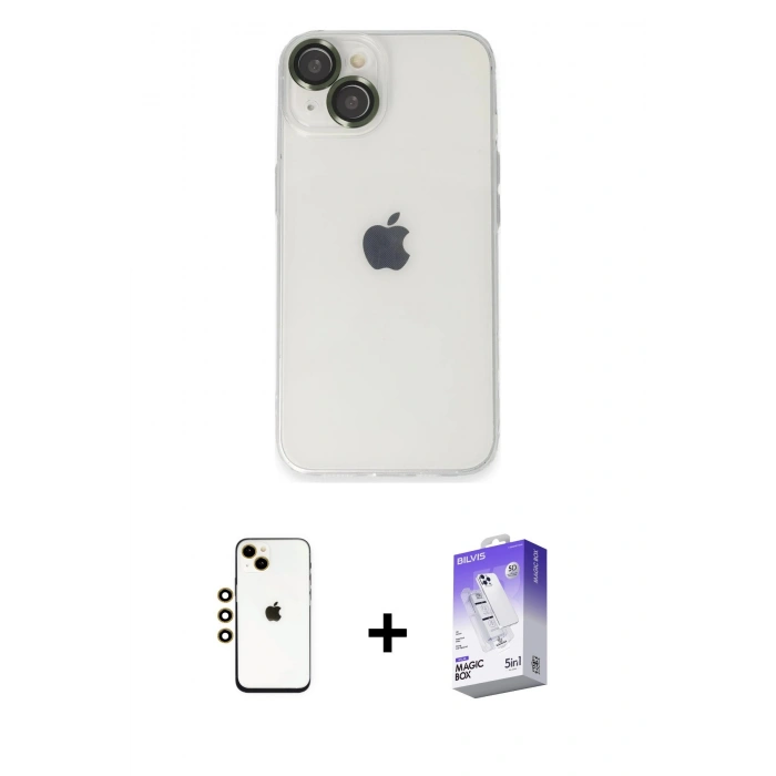 MARSİLYAN™- iPhone 14 Kılıf Ufuk Minimal Özel Seri - Siyah Bilvis 5in1 3D Magic Cam Ekran Koruyucu + Gold Shine Kamera Lens