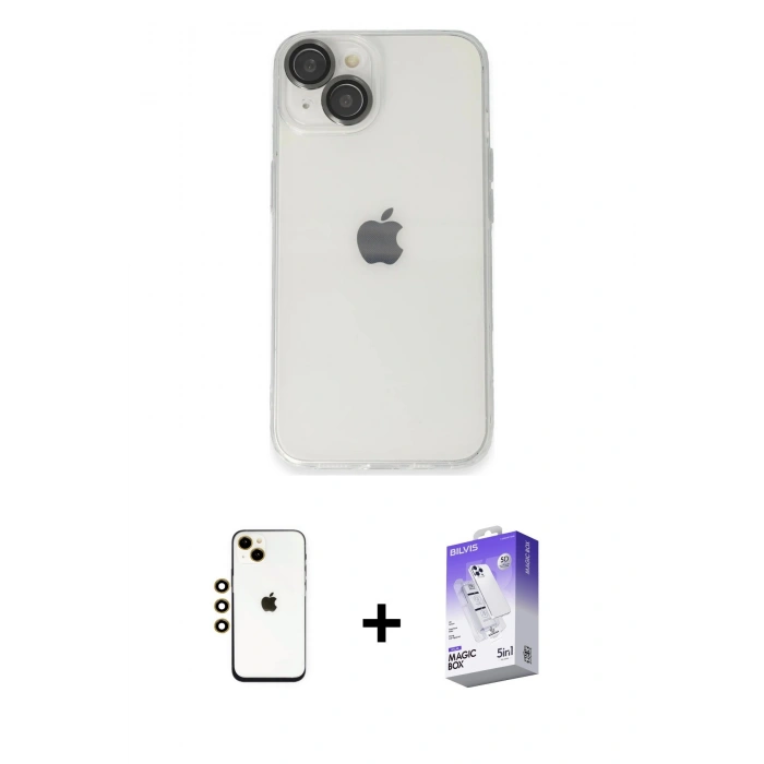 MARSİLYAN™- iPhone 14 Kılıf Ufuk Minimal Özel Seri - Siyah Bilvis 5in1 3D Magic Cam Ekran Koruyucu + Gold Shine Kamera Lens