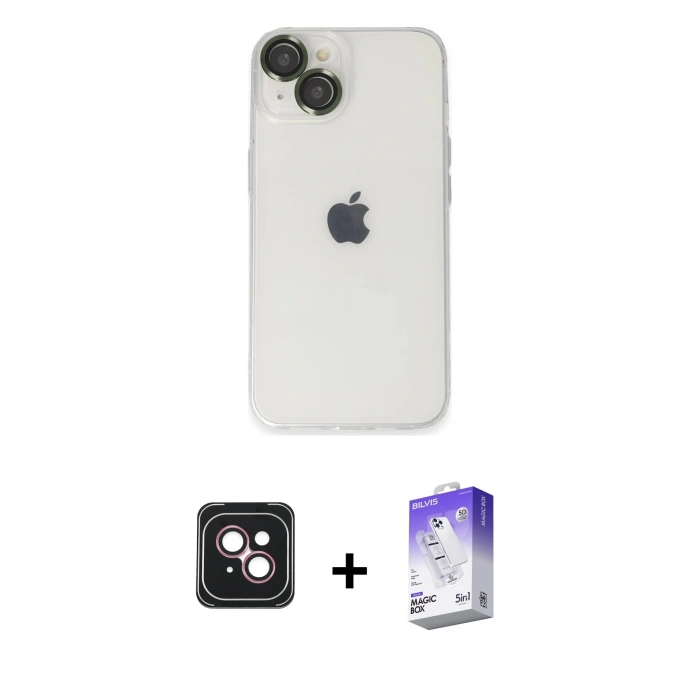 MARSİLYAN™- iPhone 14 Kılıf Ufuk Minimal Özel Seri - Siyah Bilvis 5in1 3D Magic Cam Ekran Koruyucu + PVD Metal Kamera Lens - PE