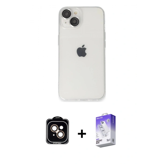 MARSİLYAN™- iPhone 14 Kılıf Ufuk Minimal Özel Seri - Siyah Bilvis 5in1 3D Magic Cam Ekran Koruyucu + PVD Metal Kamera Lens - TU