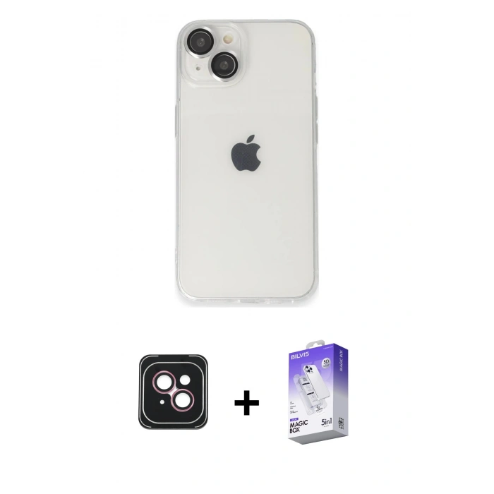 MARSİLYAN™- iPhone 14 Kılıf Ufuk Minimal Özel Seri - Siyah Bilvis 5in1 3D Magic Cam Ekran Koruyucu + PVD Metal Kamera Lens - PE