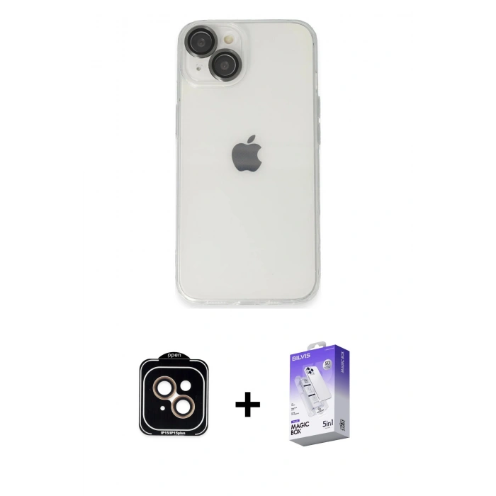 MARSİLYAN™- iPhone 14 Kılıf Ufuk Minimal Özel Seri - Siyah Bilvis 5in1 3D Magic Cam Ekran Koruyucu + PVD Metal Kamera Lens - TU