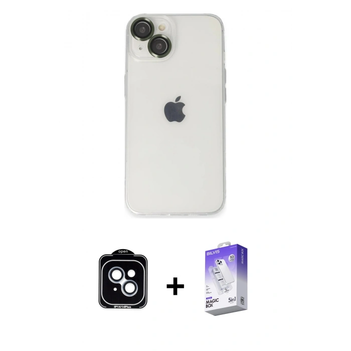 MARSİLYAN™- iPhone 14 Kılıf Ufuk Minimal Özel Seri - Siyah Bilvis 5in1 3D Magic Cam Ekran Koruyucu + PVD Metal Kamera Lens - MI