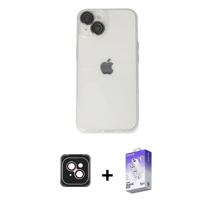MARSİLYAN™- iPhone 14 Kılıf Ufuk Minimal Özel Seri - Siyah Bilvis 5in1 3D Magic Cam Ekran Koruyucu + PVD Metal Kamera Lens - PE