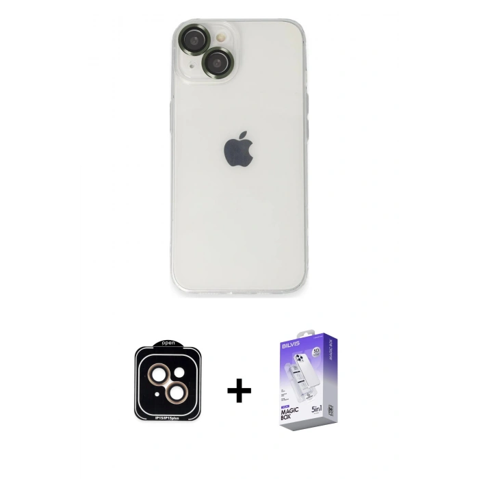 MARSİLYAN™- iPhone 14 Kılıf Ufuk Minimal Özel Seri - Siyah Bilvis 5in1 3D Magic Cam Ekran Koruyucu + PVD Metal Kamera Lens - TU