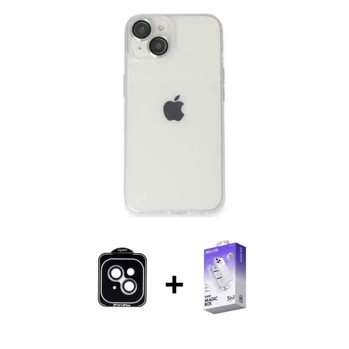 MARSİLYAN™- iPhone 14 Kılıf Ufuk Minimal Özel Seri - Siyah Bilvis 5in1 3D Magic Cam Ekran Koruyucu + PVD Metal Kamera Lens - MI