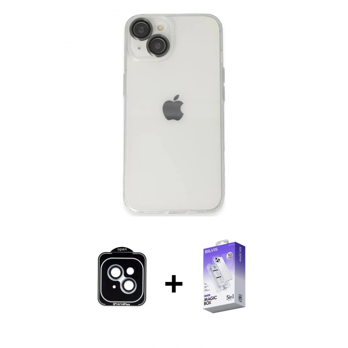 MARSİLYAN™- iPhone 14 Kılıf Ufuk Minimal Özel Seri - Siyah Bilvis 5in1 3D Magic Cam Ekran Koruyucu + PVD Metal Kamera Lens - MI