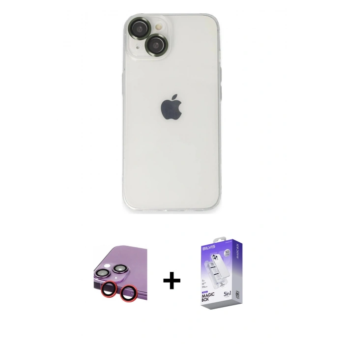 MARSİLYAN™- iPhone 14 Kılıf Ufuk Minimal Özel Seri - Siyah Bilvis 5in1 3D Magic Cam Ekran Koruyucu + Raze Metal Kamera Lens - KI