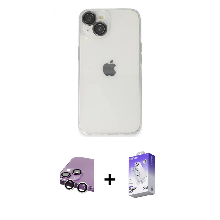 MARSİLYAN™- iPhone 14 Kılıf Ufuk Minimal Özel Seri - Siyah Bilvis 5in1 3D Magic Cam Ekran Koruyucu + Raze Metal Kamera Lens - GS
