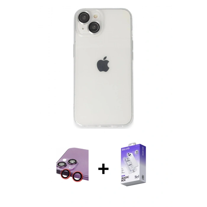 MARSİLYAN™- iPhone 14 Kılıf Ufuk Minimal Özel Seri - Siyah Bilvis 5in1 3D Magic Cam Ekran Koruyucu + Raze Metal Kamera Lens - KI