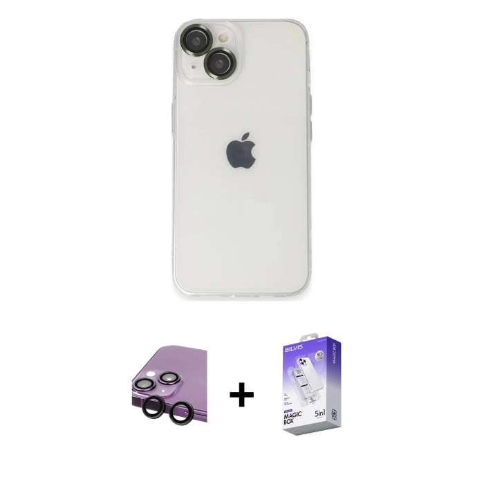 MARSİLYAN™- iPhone 14 Kılıf Ufuk Minimal Özel Seri - Siyah Bilvis 5in1 3D Magic Cam Ekran Koruyucu + Raze Metal Kamera Lens - SH