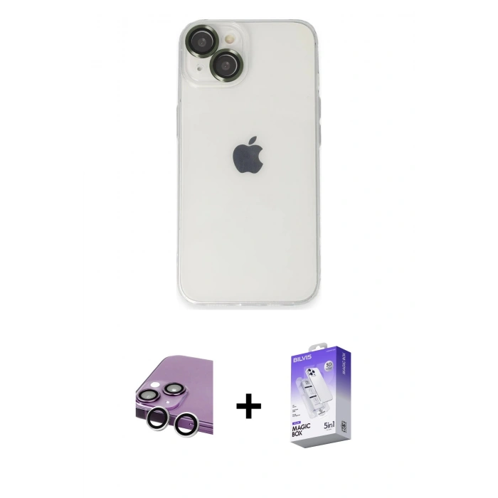 MARSİLYAN™- iPhone 14 Kılıf Ufuk Minimal Özel Seri - Siyah Bilvis 5in1 3D Magic Cam Ekran Koruyucu + Raze Metal Kamera Lens - GS