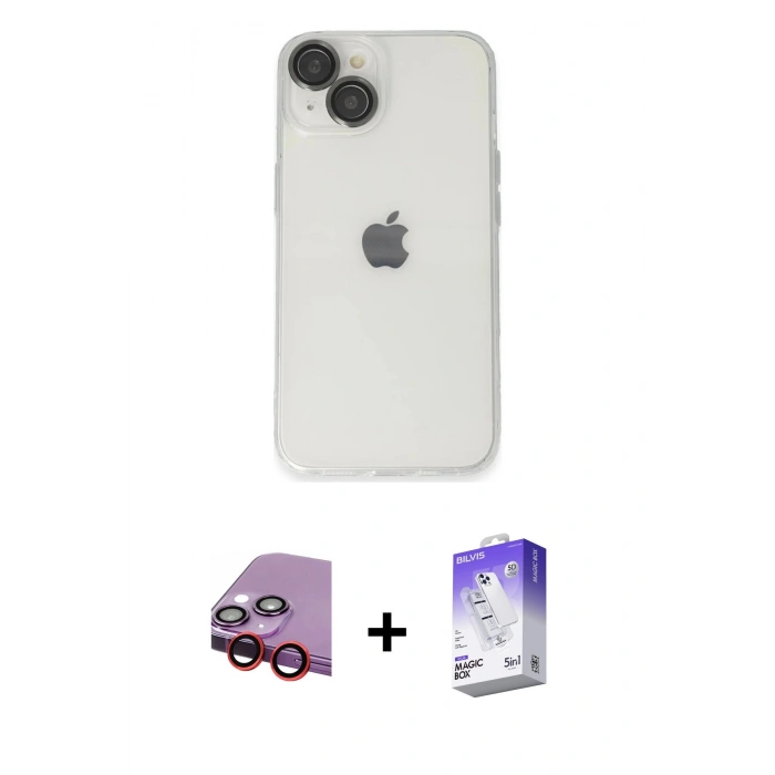 MARSİLYAN™- iPhone 14 Kılıf Ufuk Minimal Özel Seri - Siyah Bilvis 5in1 3D Magic Cam Ekran Koruyucu + Raze Metal Kamera Lens - KI