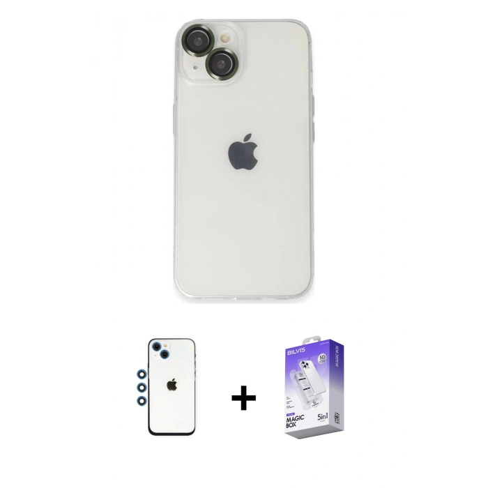 MARSİLYAN™- iPhone 14 Kılıf Ufuk Minimal Özel Seri - Siyah Bilvis 5in1 3D Magic Cam Ekran Koruyucu + Shine Kamera Lens - MI