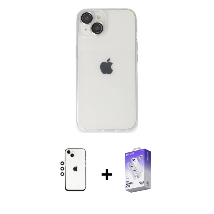 MARSİLYAN™- iPhone 14 Kılıf Ufuk Minimal Özel Seri - Siyah Bilvis 5in1 3D Magic Cam Ekran Koruyucu + Shine Kamera Lens - GS