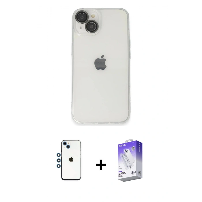 MARSİLYAN™- iPhone 14 Kılıf Ufuk Minimal Özel Seri - Siyah Bilvis 5in1 3D Magic Cam Ekran Koruyucu + Shine Kamera Lens - MI
