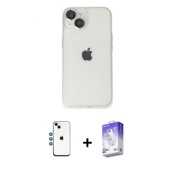 MARSİLYAN™- iPhone 14 Kılıf Ufuk Minimal Özel Seri - Siyah Bilvis 5in1 3D Magic Cam Ekran Koruyucu + Shine Kamera Lens - MI
