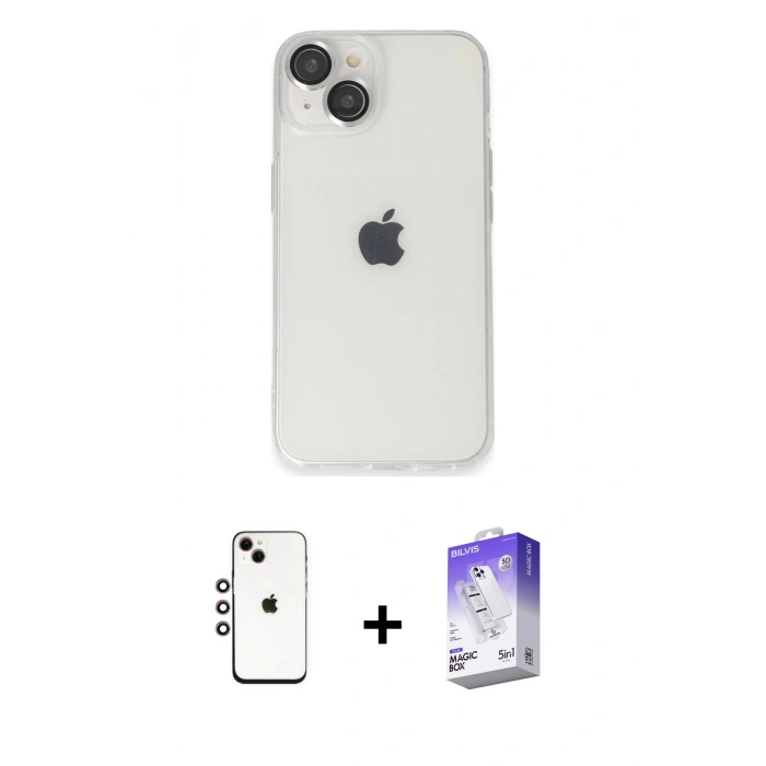 MARSİLYAN™- iPhone 14 Kılıf Ufuk Minimal Özel Seri - Siyah Bilvis 5in1 3D Magic Cam Ekran Koruyucu + Shine Kamera Lens - GI