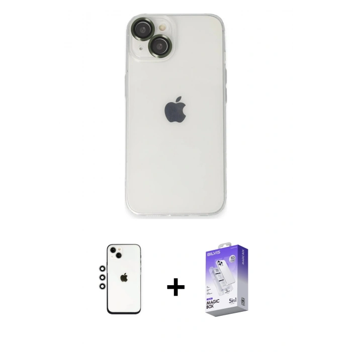 MARSİLYAN™- iPhone 14 Kılıf Ufuk Minimal Özel Seri - Siyah Bilvis 5in1 3D Magic Cam Ekran Koruyucu + Shine Kamera Lens - GS