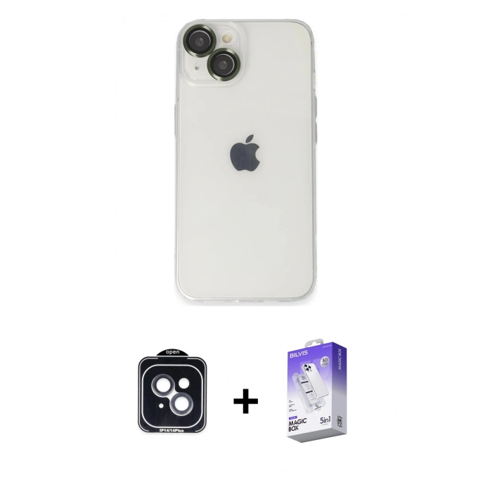 MARSİLYAN™- iPhone 14 Kılıf Ufuk Minimal Özel Seri - Siyah Bilvis 5in1 3D Magic Cam Ekran Koruyucu + Siyah PVD Metal Kamera Lens