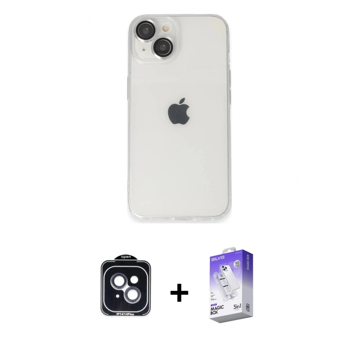 MARSİLYAN™- iPhone 14 Kılıf Ufuk Minimal Özel Seri - Siyah Bilvis 5in1 3D Magic Cam Ekran Koruyucu + Siyah PVD Metal Kamera Lens