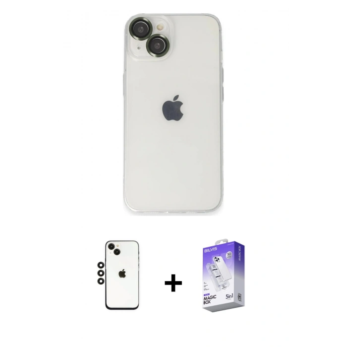 MARSİLYAN™- iPhone 14 Kılıf Ufuk Minimal Özel Seri - Siyah Bilvis 5in1 3D Magic Cam Ekran Koruyucu + Shine Kamera Lens - SH