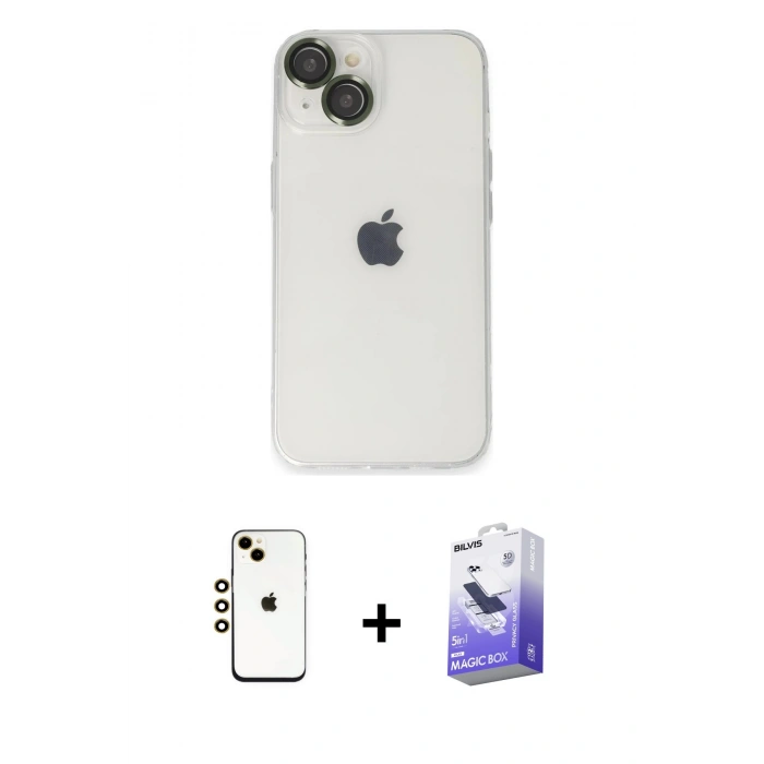 MARSİLYAN™- iPhone 14 Kılıf Ufuk Minimal Özel Seri - Siyah Bilvis 5in1 5D Magic Hayalet Cam Ekran Koruyucu + Gold Shine Kamera Lens