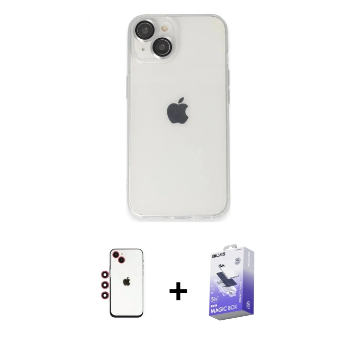 MARSİLYAN™- iPhone 14 Kılıf Ufuk Minimal Özel Seri - Siyah Bilvis 5in1 5D Magic Hayalet Cam Ekran Koruyucu + Kırmızı Shine Kamera Lens