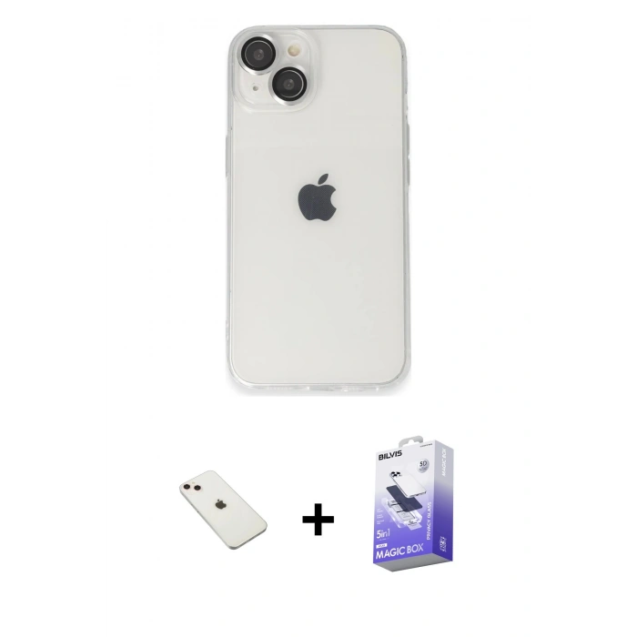 MARSİLYAN™- iPhone 14 Kılıf Ufuk Minimal Özel Seri - Siyah Bilvis 5in1 5D Magic Hayalet Cam Ekran Koruyucu + Diamond Kamera Lens - PE