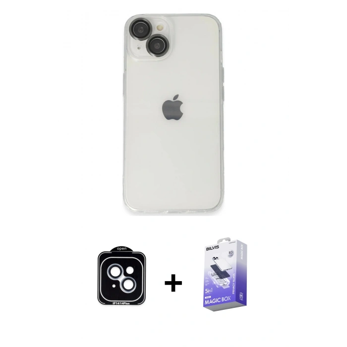 MARSİLYAN™- iPhone 14 Kılıf Ufuk Minimal Özel Seri - Siyah Bilvis 5in1 5D Magic Hayalet Cam Ekran Koruyucu + PVD Metal Kamera Lens - MI
