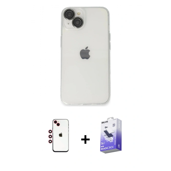 MARSİLYAN™- iPhone 14 Kılıf Ufuk Minimal Özel Seri - Siyah Bilvis 5in1 5D Magic Hayalet Cam Ekran Koruyucu + Kırmızı Shine Kamera Lens