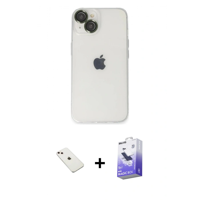 MARSİLYAN™- iPhone 14 Kılıf Ufuk Minimal Özel Seri - Siyah Bilvis 5in1 5D Magic Hayalet Cam Ekran Koruyucu + Diamond Kamera Lens - PE