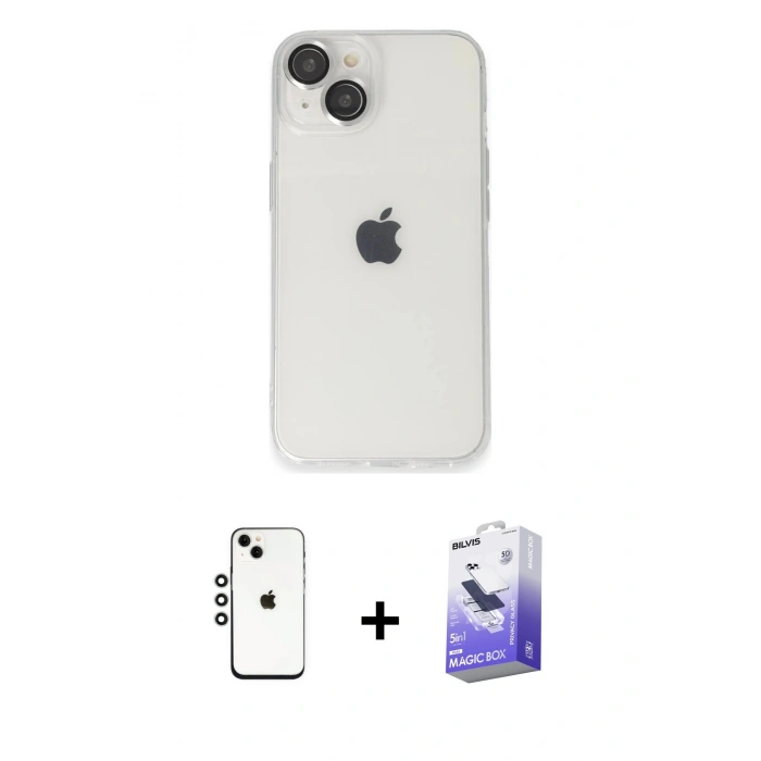 MARSİLYAN™- iPhone 14 Kılıf Ufuk Minimal Özel Seri - Siyah Bilvis 5in1 5D Magic Hayalet Cam Ekran Koruyucu + Shine Kamera Lens - GS