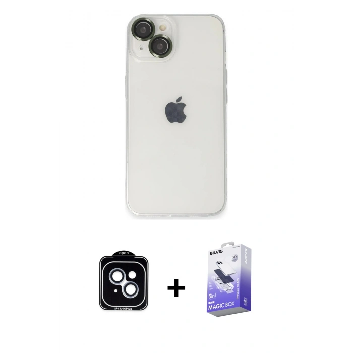 MARSİLYAN™- iPhone 14 Kılıf Ufuk Minimal Özel Seri - Siyah Bilvis 5in1 5D Magic Hayalet Cam Ekran Koruyucu + PVD Metal Kamera Lens - MI