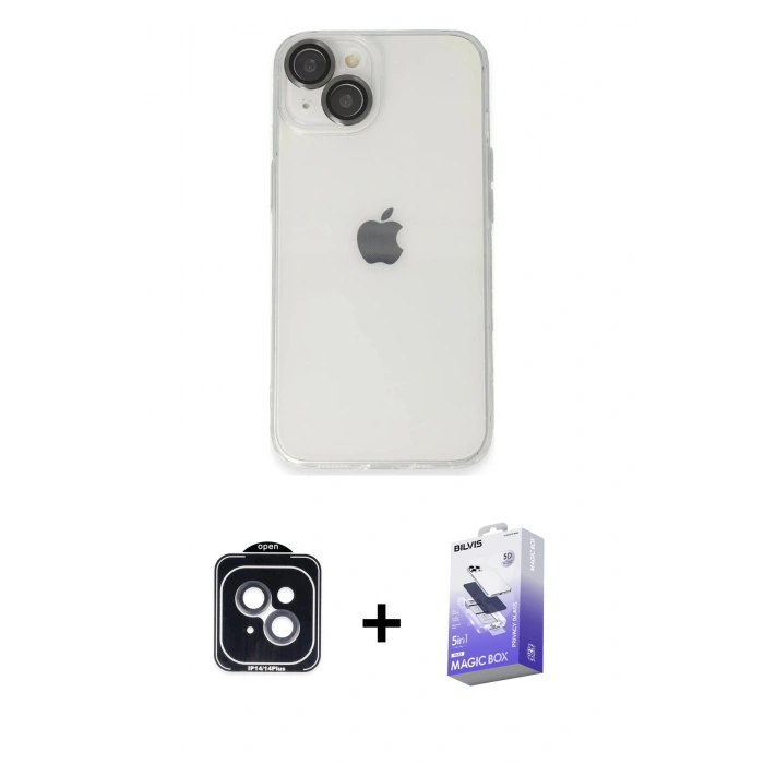 MARSİLYAN™- iPhone 14 Kılıf Ufuk Minimal Özel Seri - Siyah Bilvis 5in1 5D Magic Hayalet Cam Ekran Koruyucu + PVD Metal Kamera Lens - SH