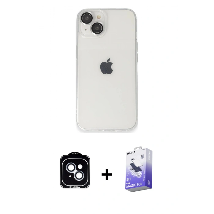MARSİLYAN™- iPhone 14 Kılıf Ufuk Minimal Özel Seri - Siyah Bilvis 5in1 5D Magic Hayalet Cam Ekran Koruyucu + PVD Metal Kamera Lens - MI