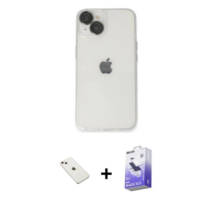 MARSİLYAN™- iPhone 14 Kılıf Ufuk Minimal Özel Seri - Siyah Bilvis 5in1 5D Magic Hayalet Cam Ekran Koruyucu + Diamond Kamera Lens - PE