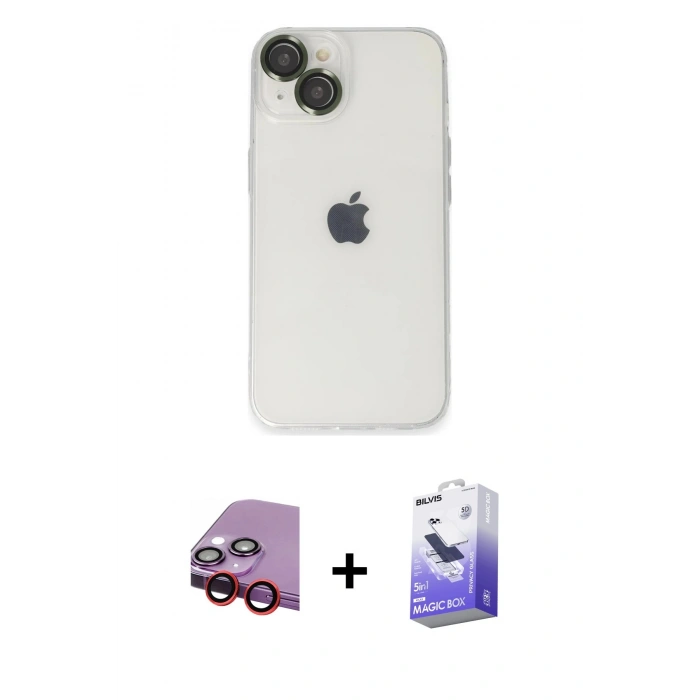 MARSİLYAN™- iPhone 14 Kılıf Ufuk Minimal Özel Seri - Siyah Bilvis 5in1 5D Magic Hayalet Cam Ekran Koruyucu + Raze Metal Kamera Lens - KI