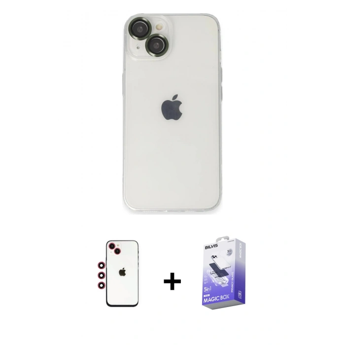 MARSİLYAN™- iPhone 14 Kılıf Ufuk Minimal Özel Seri - Siyah Bilvis 5in1 5D Magic Hayalet Cam Ekran Koruyucu + Kırmızı Shine Kamera Lens