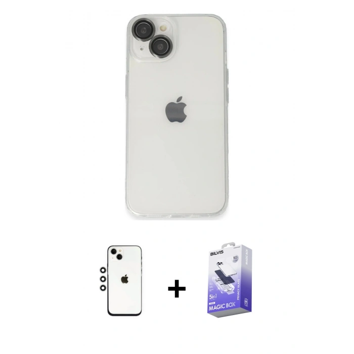 MARSİLYAN™- iPhone 14 Kılıf Ufuk Minimal Özel Seri - Siyah Bilvis 5in1 5D Magic Hayalet Cam Ekran Koruyucu + Shine Kamera Lens - GS