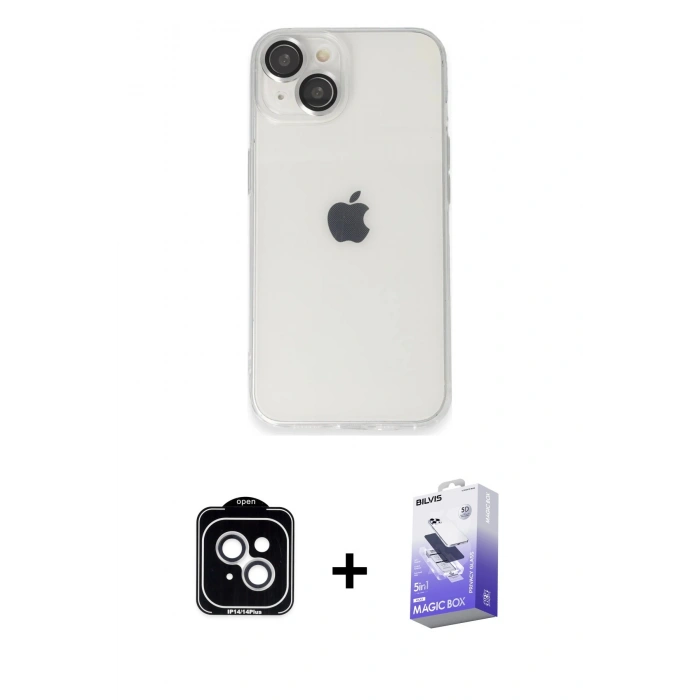 MARSİLYAN™- iPhone 14 Kılıf Ufuk Minimal Özel Seri - Siyah Bilvis 5in1 5D Magic Hayalet Cam Ekran Koruyucu + Gümüş PVD Metal Kamera Lens