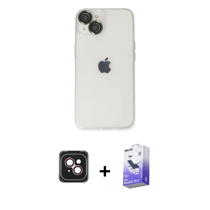 MARSİLYAN™- iPhone 14 Kılıf Ufuk Minimal Özel Seri - Siyah Bilvis 5in1 5D Magic Hayalet Cam Ekran Koruyucu + PVD Metal Kamera Lens - PE