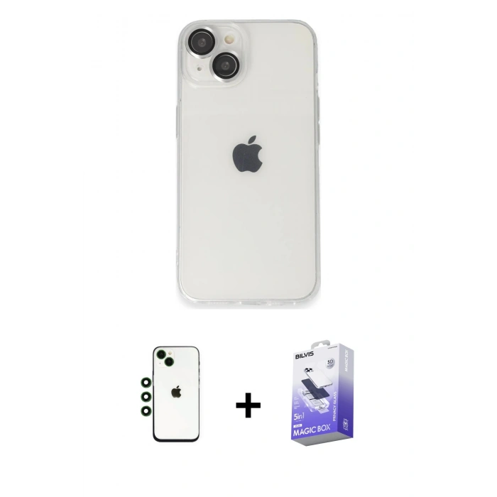 MARSİLYAN™- iPhone 14 Kılıf Ufuk Minimal Özel Seri - Siyah Bilvis 5in1 5D Magic Hayalet Cam Ekran Koruyucu + Shine Kamera Lens - YL