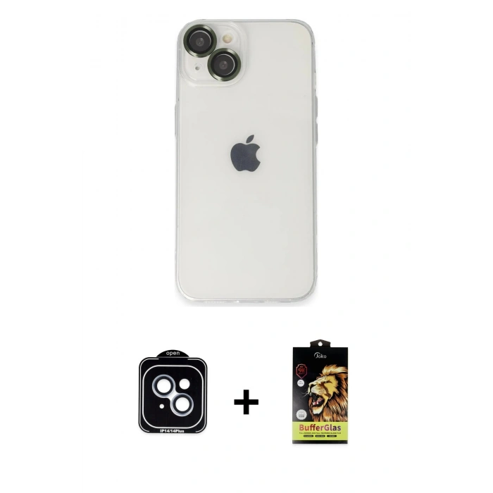 MARSİLYAN™- iPhone 14 Kılıf Ufuk Minimal Özel Seri - Siyah Buffer Cam Ekran Koruyucu + PVD Metal Kamera Lens - MI