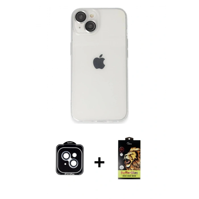 MARSİLYAN™- iPhone 14 Kılıf Ufuk Minimal Özel Seri - Siyah Buffer Cam Ekran Koruyucu + PVD Metal Kamera Lens - MI